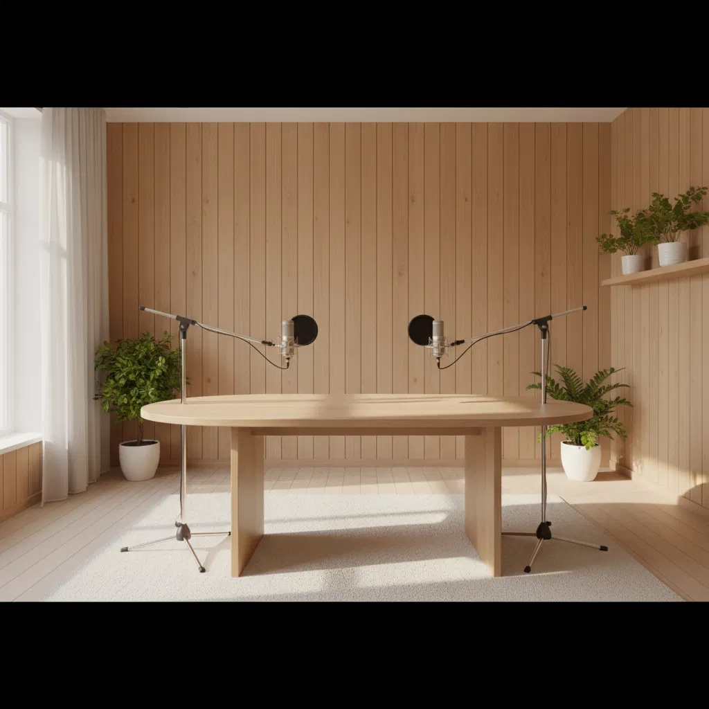 Podcast-studio, tyhjä, vaalea ja avara