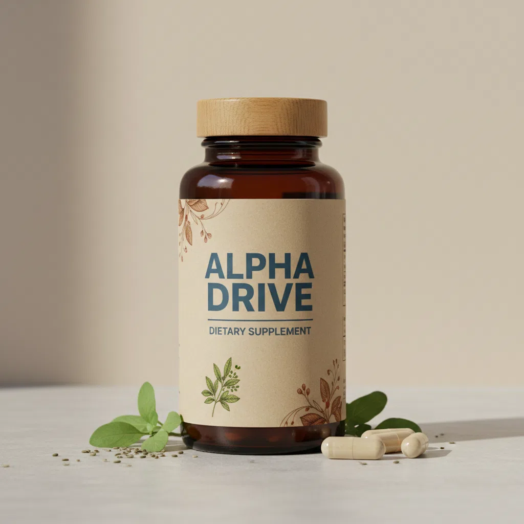 Alpha Drive ravintolisäpurkki - tummanharmaa pyöreä purkki, valkoinen etiketti sinisellä ja kultaisella viivakoristeella